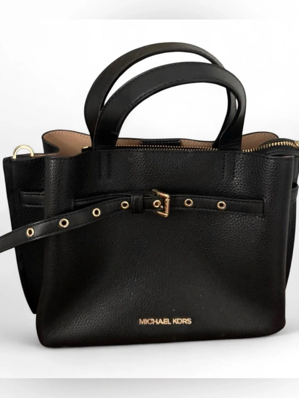 Michael Kors Black Pebbled Leather Satchel with Gold Hardware
